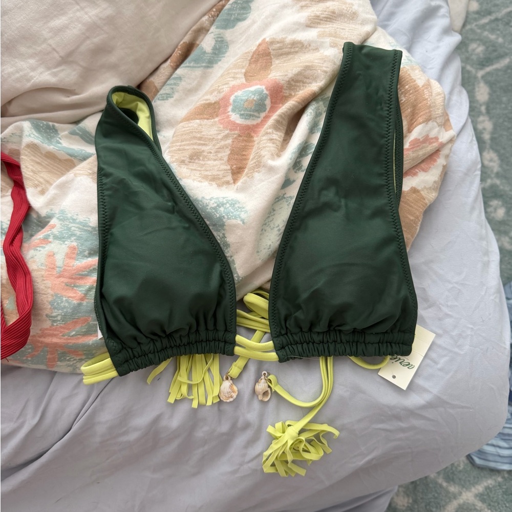aerie Two-Tone Forest Green and Neon Yellow Triangle Bikini Top